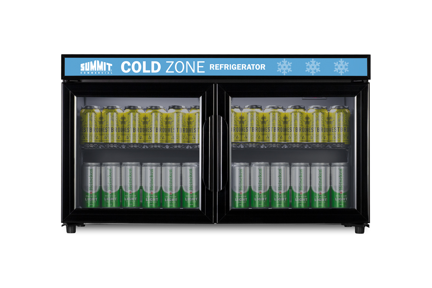 Countertop, shallow depth single-zone commercial refrigerator for freestanding use with French glass doors, black cabinet, digital controls, and LED lighting